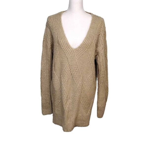 Cable Stitch Tan Deep V-Neck Long Sleeve Sweater L - Picture 1 of 5